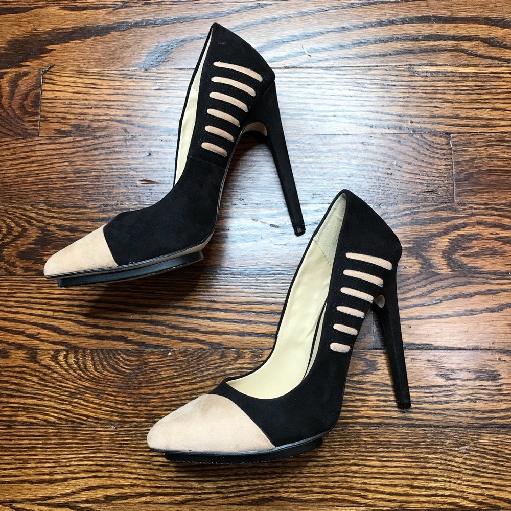 GX Gwen Stefani Black and cream suede heels